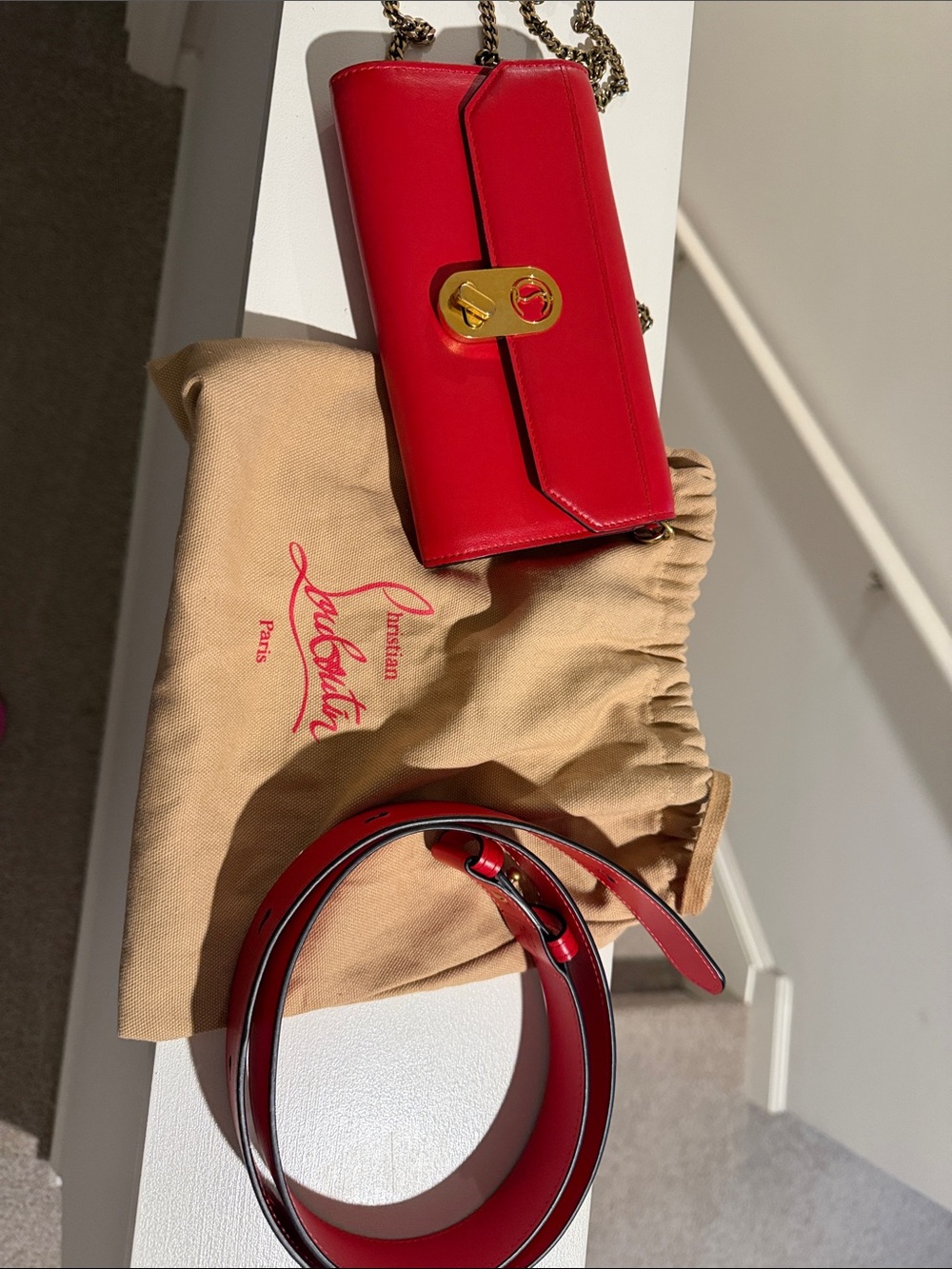 Christian Louboutin Red Leather Chain Wallet Crossbody with Gold Hardware